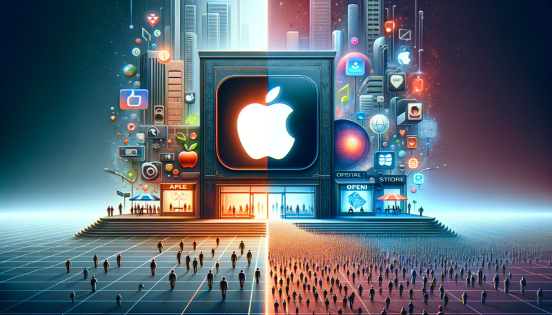 Image representing the conceptual shift in platform governance and market dynamics from the Apple App Store to the OpenAI GPT Store.